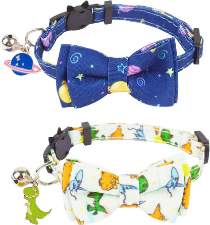 Cat Collar Breakaway with Cute Bow Tie Bell - 2 Pack Kitten Collar with Removable Bowtie Universe Dinosaur Pattern Cat Bowtie Collar for Cat Kitten (Dinosaur & Universe)