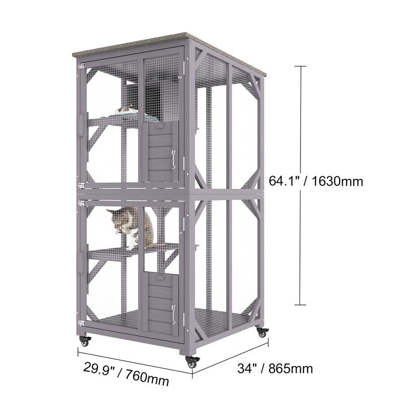 VEVOR Cat House Outdoor, 3-Tier Large Catio, Cat Enclosure with 360° Rotating Casters, 2 Platforms, a Resting Box and Large Front Door, 29.9 X 34 X 64.1 Inch