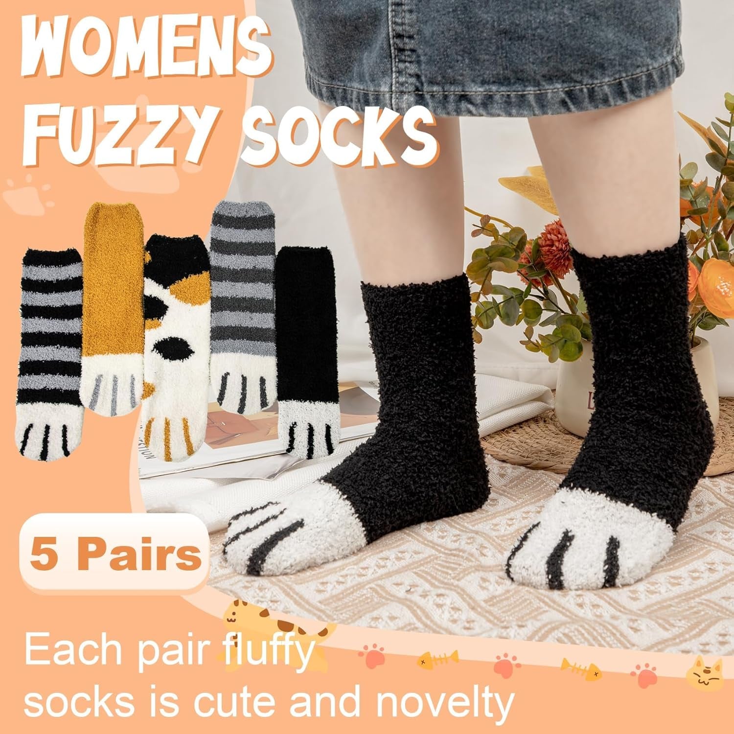 Fuzzy Socks for Women 5 Pairs Warm Fluffy Socks Winter Slipper Socks Soft Cute Cat Animal Socks