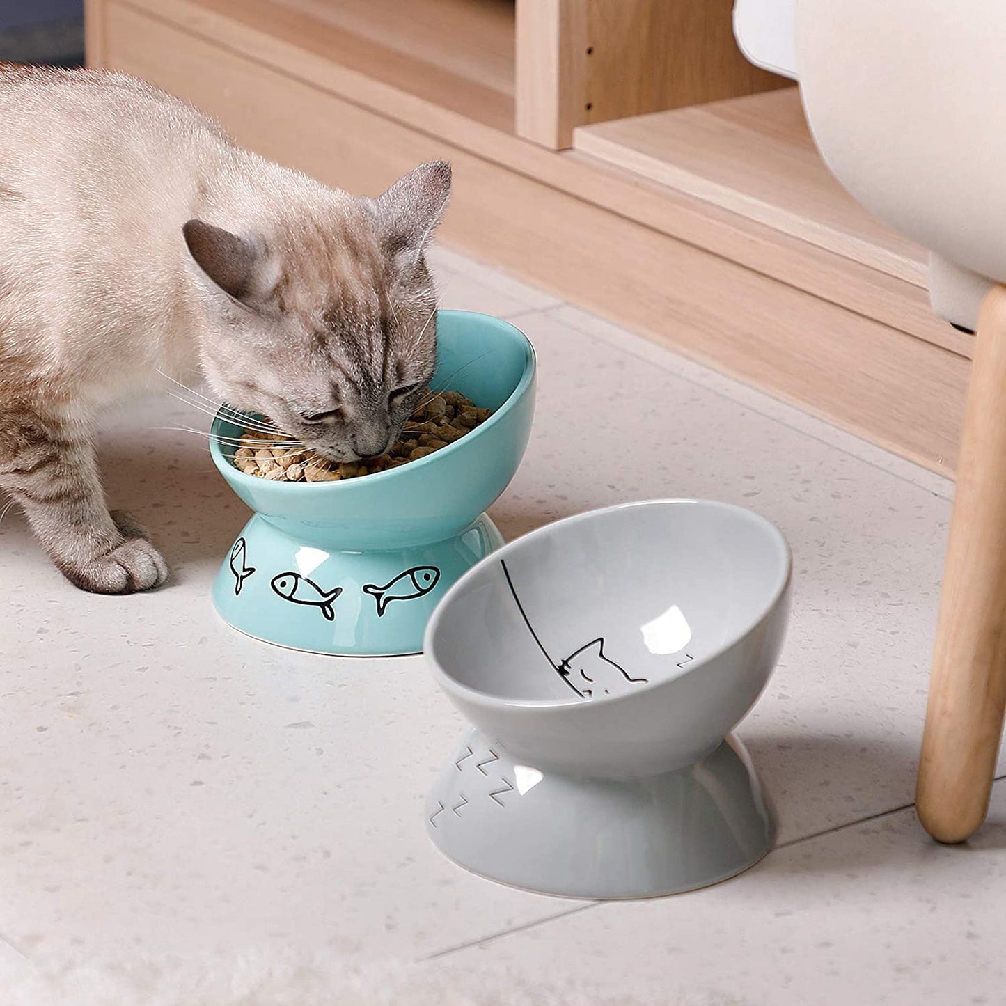 Raised Cat Bowl for Dry Wet Cat Food, Ceramic Elevated Pet Bowl Cat Dish, Protect Cat'S Spine, Stress Free, Slanted Design for Cat Easy Eating, 10 Oz, Dishwasher Safe (Grey)