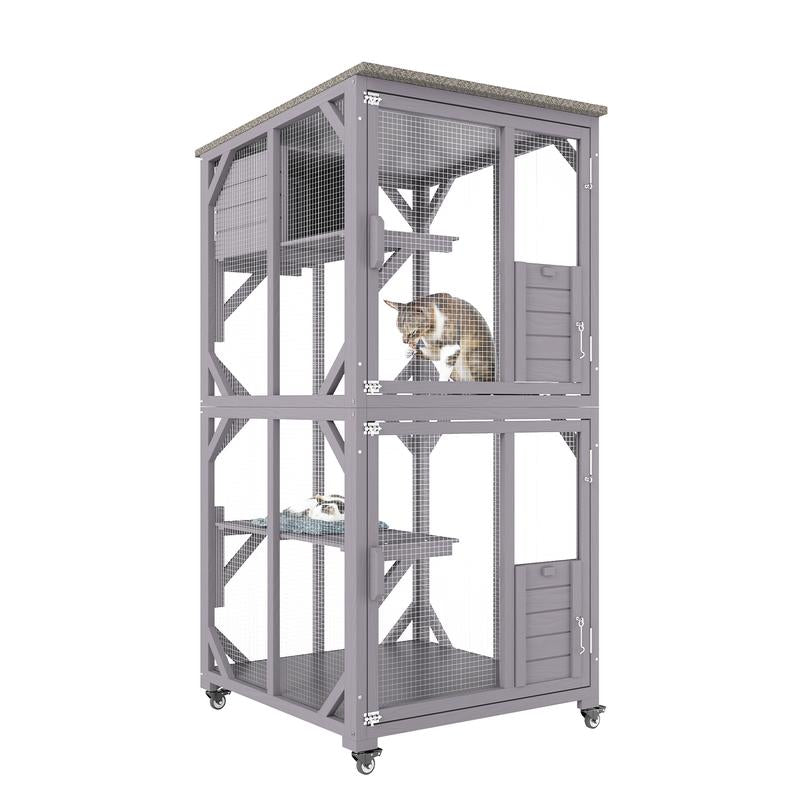 VEVOR Cat House Outdoor, 3-Tier Large Catio, Cat Enclosure with 360° Rotating Casters, 2 Platforms, a Resting Box and Large Front Door, 29.9 X 34 X 64.1 Inch