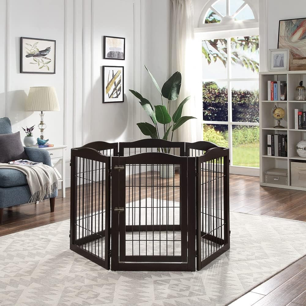 Extra Wide Pet Gate, 6 Panels Freestanding Dog Gate with Walk through Door and 5 Support Feet, Foldable Pet Barrier Fence for Stairs Doorways Fireplace, Indoor Exercise Playpen for Dogs Cats