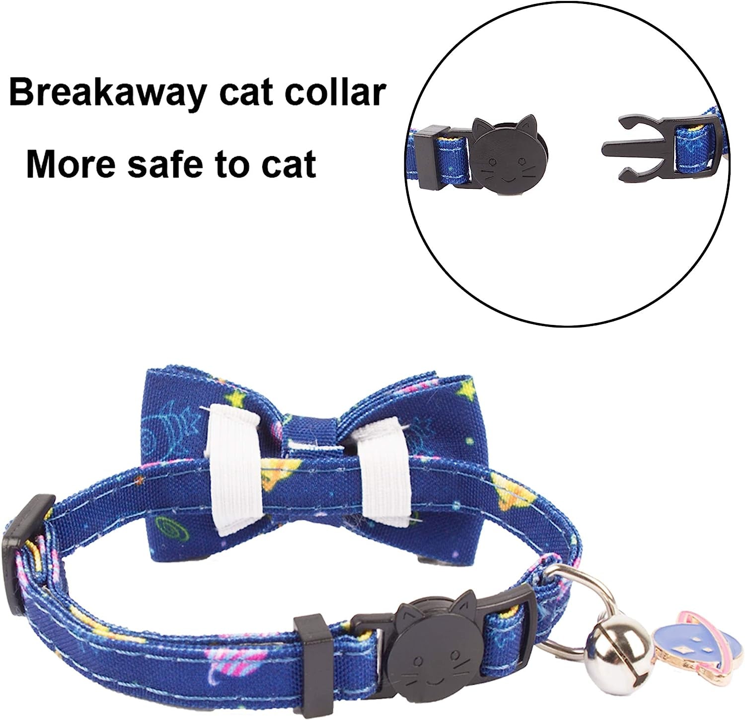 Cat Collar Breakaway with Cute Bow Tie Bell - 2 Pack Kitten Collar with Removable Bowtie Universe Dinosaur Pattern Cat Bowtie Collar for Cat Kitten (Dinosaur & Universe)