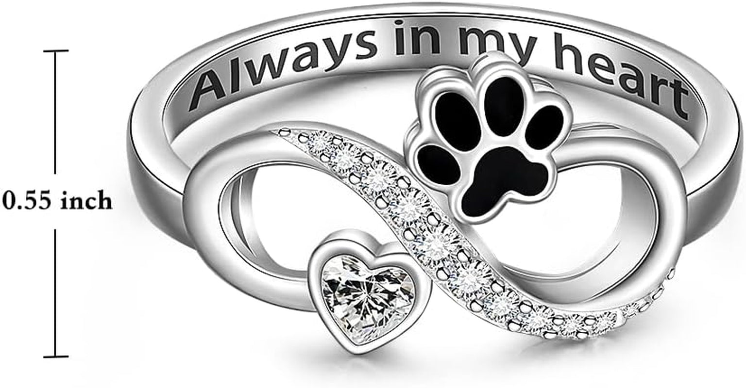 Memorial Cat Paw Print Ring Sterling Silver Dog Infinity Heart Puppy Pet Claw Rings for Women Always in My Heart Animal Family Jewelry Gifts Size 6-10