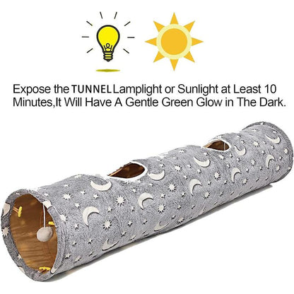 LUCKITTY Cat Tunnel Tube with Plush Ball Toys Collapsible Self-Luminous Photoluminescence, for Small Animals Pets Bunny Rabbits, Kittens, Ferrets,Puppy and Dogs Grey Moon Star