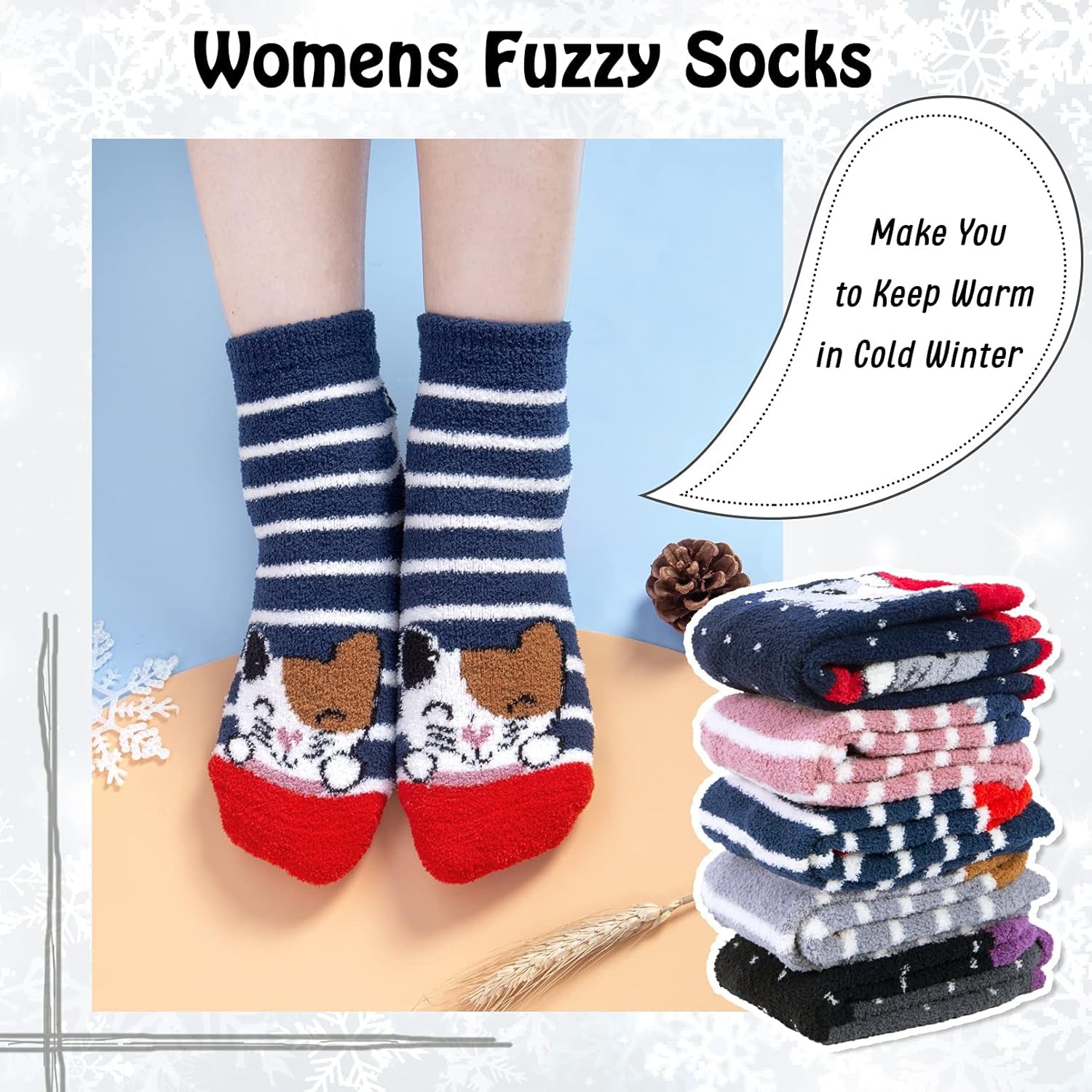 Fuzzy Socks for Women 5 Pairs Warm Fluffy Socks Winter Slipper Socks Soft Cute Cat Animal Socks