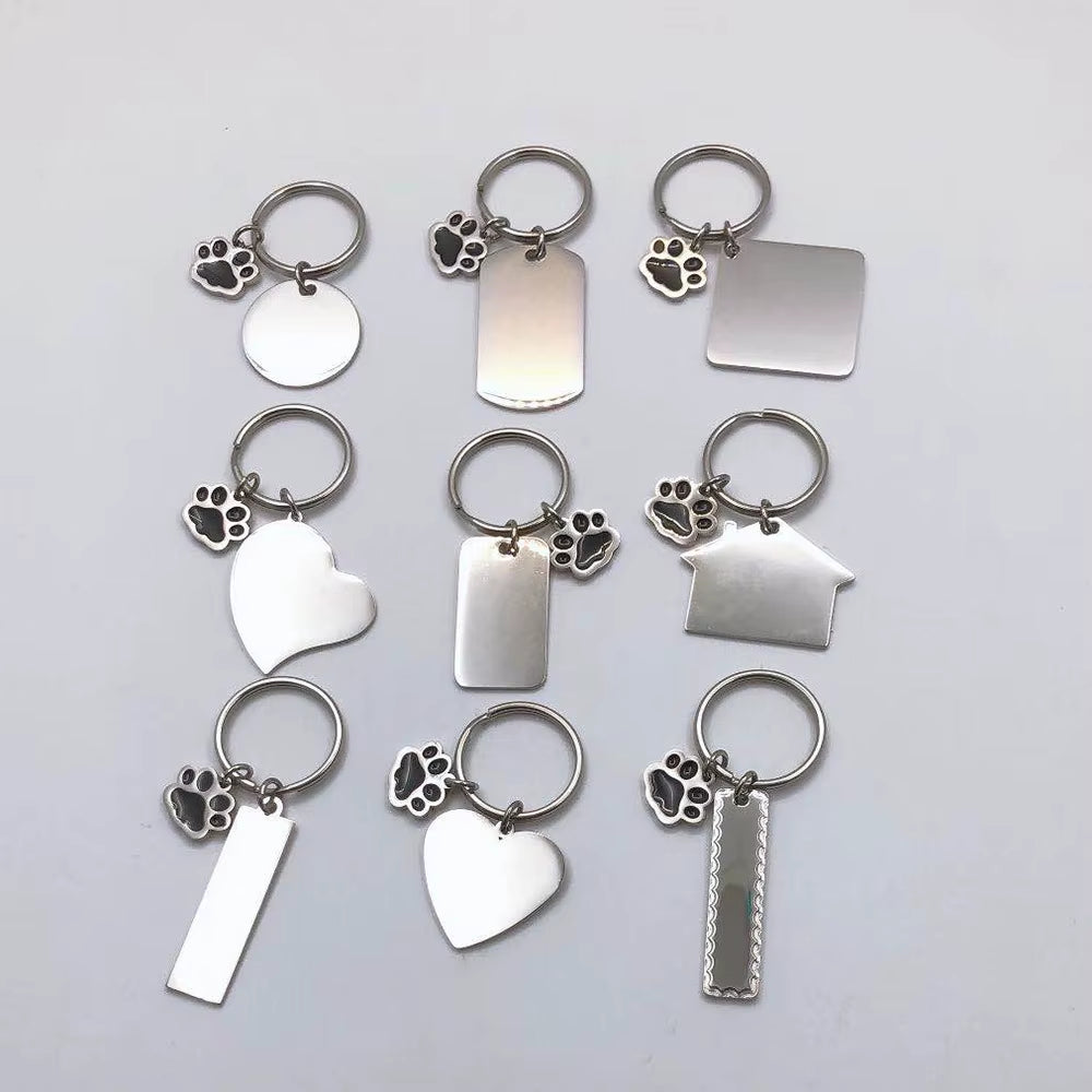 100% Stainless Steel Blank Paw Print House Heart Rectangle Dog Tag Charm Keychain Key Ring for Engrave Mirror Polished 10Pcs