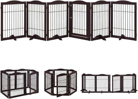 Extra Wide Pet Gate, 6 Panels Freestanding Dog Gate with Walk through Door and 5 Support Feet, Foldable Pet Barrier Fence for Stairs Doorways Fireplace, Indoor Exercise Playpen for Dogs Cats