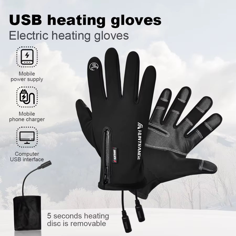 USB Heated Gloves Winter Waterproof Touch Screen Ski Gloves Rechargeable Heated Snowboard Motorcycle Bicycle Warm Gloves