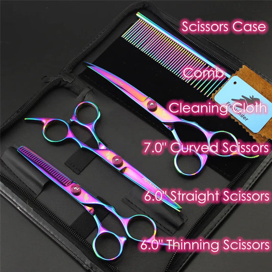 7.0 Inch Professional Pet Scissors for Dog Grooming Dogs Shears Hair Cutter Straight &Thinning & Curved Scissors 3Pcs/Set + Comb