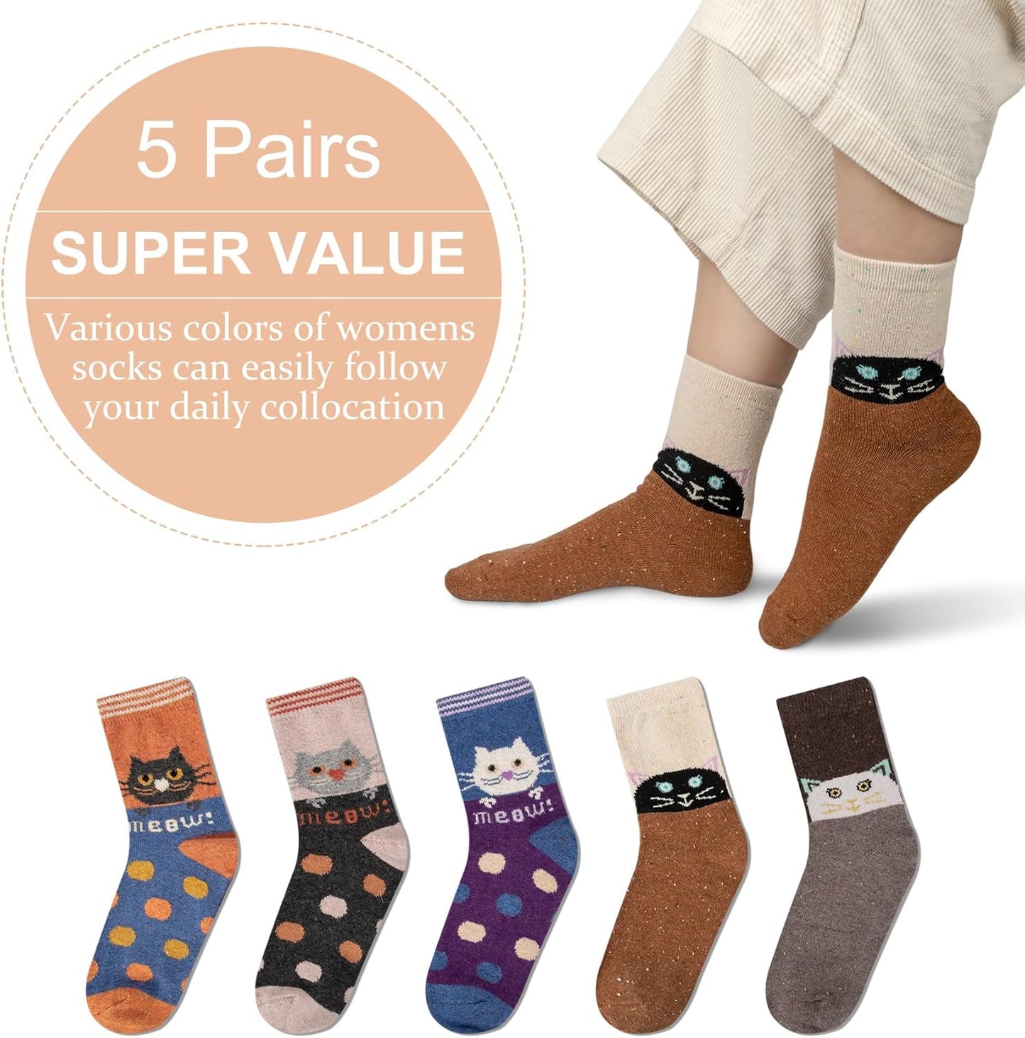 5 Pairs Womens Wool Socks Thick Knit Warm Winter Socks Cozy Comfy Socks Gifts for Women