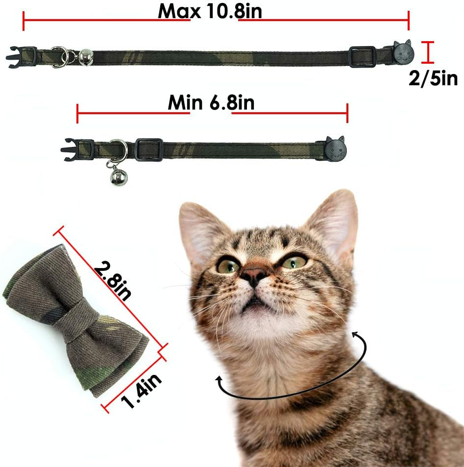 Cat Collar Bowtie with Bell, Quick Release Buckle Safety and Durable Kitties Kittens Cats Breakaway Collar Set of 2 Pcs(6.8-10.8In) (Camouflage 1&Camouflage 2)