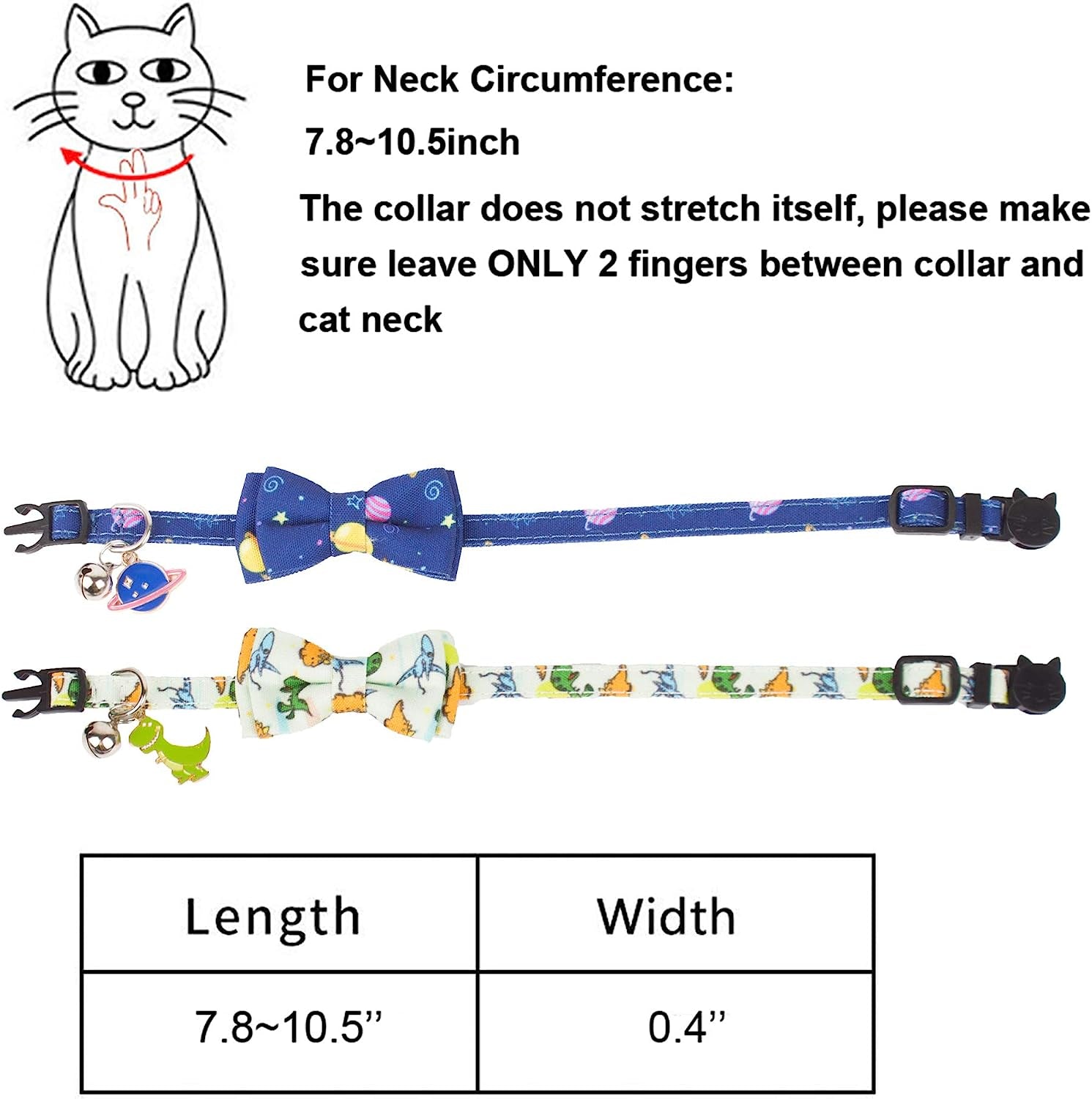 Cat Collar Breakaway with Cute Bow Tie Bell - 2 Pack Kitten Collar with Removable Bowtie Universe Dinosaur Pattern Cat Bowtie Collar for Cat Kitten (Dinosaur & Universe)