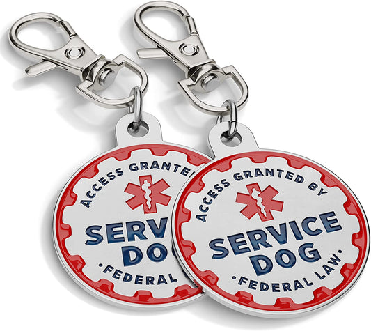 Service Dog Tag, 2 Pack: Metal Pet ID Tags for Service Animals, Emotional Support Dogs and Therapy Dogs, 1.25 Inch Diameter, Double Sided, Navy Lettering and Red Enamel Trim