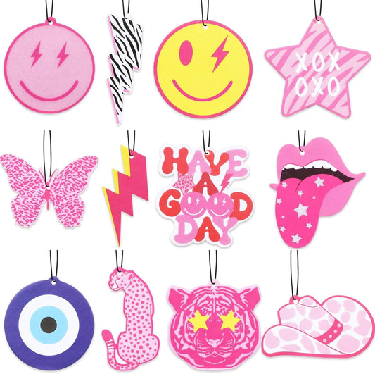 12Pcs Preppy Boho Car Air Freshener Essential Oil Hanging Slice Cute Pink Happy Face Air Fresheners Car Interior Accessories for Hanging Rearview Mirror Pendant Y2K Girl Bachelorette Party Home Room