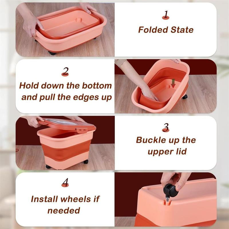 Pet Food Storage Box with Lid & Wheels, Foldable Pet Food Storage Container with Scoop, Measuring Cup & Travel Bowl, Large Capacity Food Storage Box for Home Kitchen