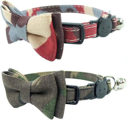 Cat Collar Bowtie with Bell, Quick Release Buckle Safety and Durable Kitties Kittens Cats Breakaway Collar Set of 2 Pcs(6.8-10.8In) (Camouflage 1&Camouflage 2)