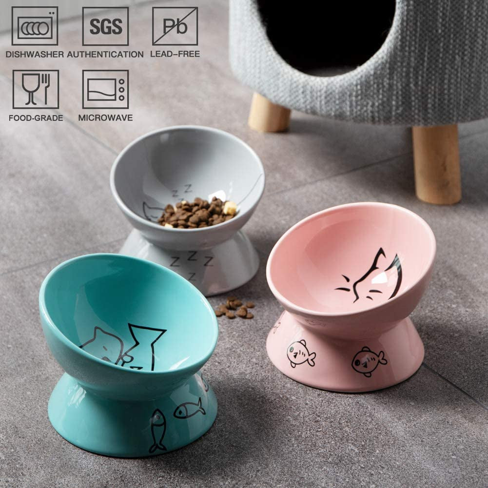 Raised Cat Bowl for Dry Wet Cat Food, Ceramic Elevated Pet Bowl Cat Dish, Protect Cat'S Spine, Stress Free, Slanted Design for Cat Easy Eating, 10 Oz, Dishwasher Safe (Pink)