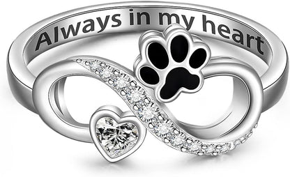 Memorial Cat Paw Print Ring Sterling Silver Dog Infinity Heart Puppy Pet Claw Rings for Women Always in My Heart Animal Family Jewelry Gifts Size 6-10