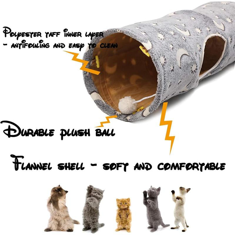 LUCKITTY Cat Tunnel Tube with Plush Ball Toys Collapsible Self-Luminous Photoluminescence, for Small Animals Pets Bunny Rabbits, Kittens, Ferrets,Puppy and Dogs Grey Moon Star