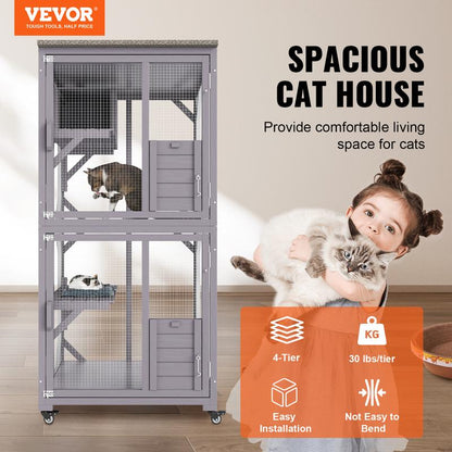 VEVOR Cat House Outdoor, 3-Tier Large Catio, Cat Enclosure with 360° Rotating Casters, 2 Platforms, a Resting Box and Large Front Door, 29.9 X 34 X 64.1 Inch