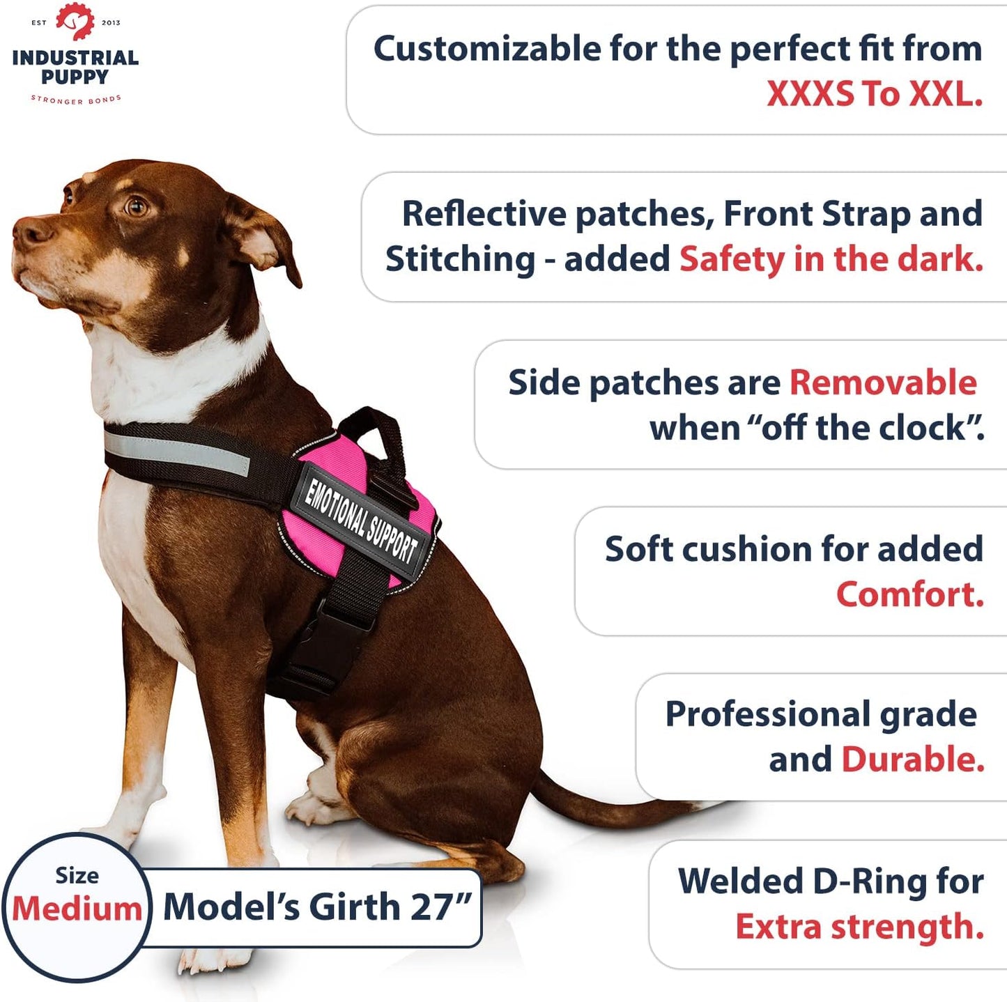 Emotional Support Dog Vest Harness with Reflective Straps, Interchangeable Patches, & Top Handle - ESA Dog Vest in 8 Sizes - Heavy Duty Emotional Support Dog Harness for Working Dogs (Pink, Medium)