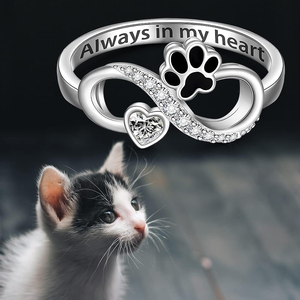 Memorial Cat Paw Print Ring Sterling Silver Dog Infinity Heart Puppy Pet Claw Rings for Women Always in My Heart Animal Family Jewelry Gifts Size 6-10