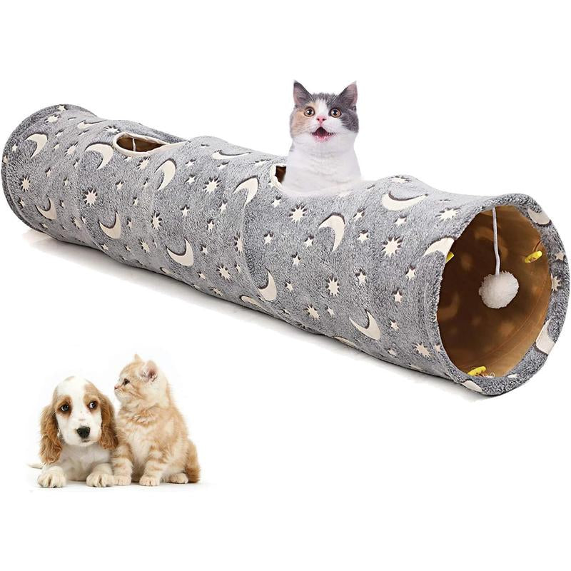 LUCKITTY Cat Tunnel Tube with Plush Ball Toys Collapsible Self-Luminous Photoluminescence, for Small Animals Pets Bunny Rabbits, Kittens, Ferrets,Puppy and Dogs Grey Moon Star