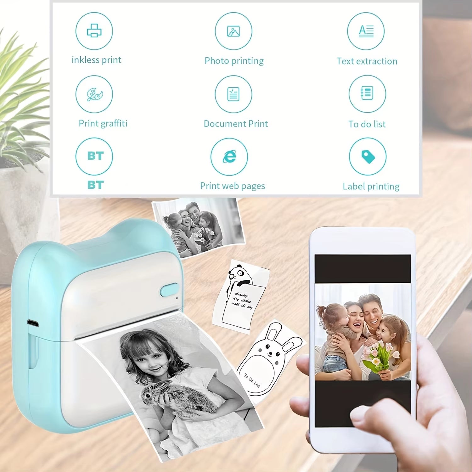 Mini Photo Printer for Iphone/Android,1000Mah Portable Thermal Photo Printer for Gift Study Notes Work Children Photo