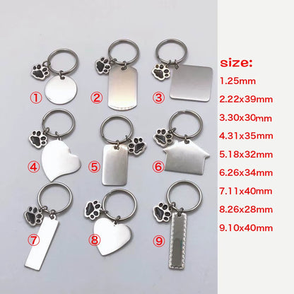 100% Stainless Steel Blank Paw Print House Heart Rectangle Dog Tag Charm Keychain Key Ring for Engrave Mirror Polished 10Pcs