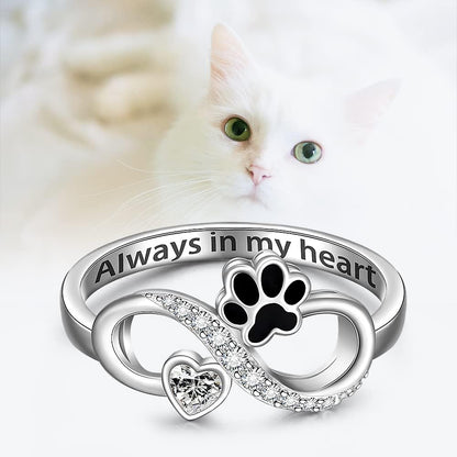 Memorial Cat Paw Print Ring Sterling Silver Dog Infinity Heart Puppy Pet Claw Rings for Women Always in My Heart Animal Family Jewelry Gifts Size 6-10