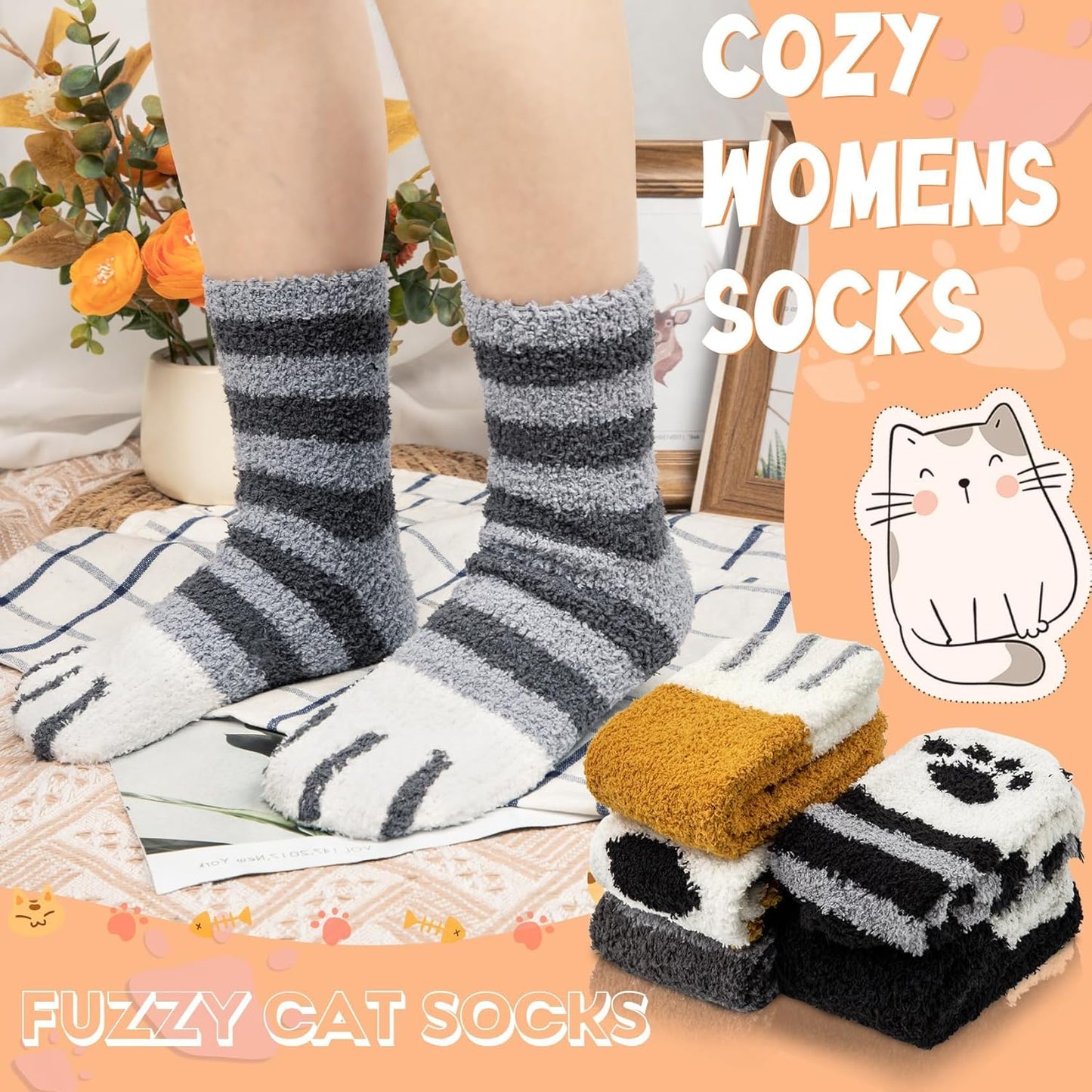 Fuzzy Socks for Women 5 Pairs Warm Fluffy Socks Winter Slipper Socks Soft Cute Cat Animal Socks