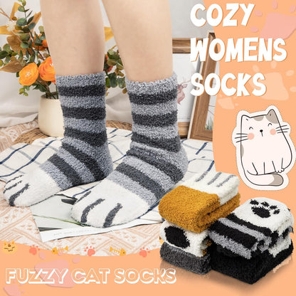 Fuzzy Socks for Women 5 Pairs Warm Fluffy Socks Winter Slipper Socks Soft Cute Cat Animal Socks