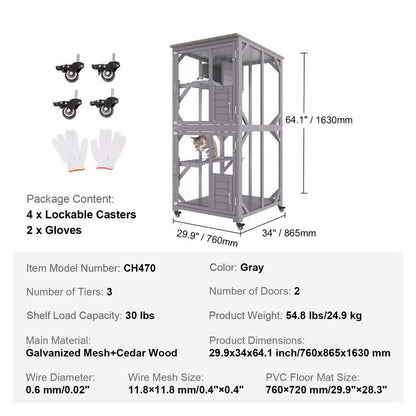 VEVOR Cat House Outdoor, 3-Tier Large Catio, Cat Enclosure with 360° Rotating Casters, 2 Platforms, a Resting Box and Large Front Door, 29.9 X 34 X 64.1 Inch