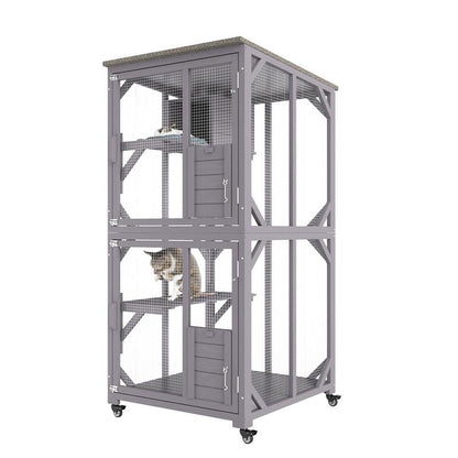 VEVOR Cat House Outdoor, 3-Tier Large Catio, Cat Enclosure with 360° Rotating Casters, 2 Platforms, a Resting Box and Large Front Door, 29.9 X 34 X 64.1 Inch