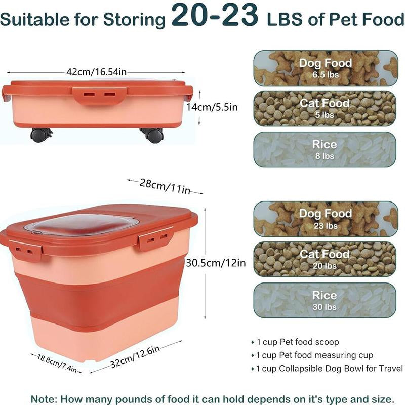 Pet Food Storage Box with Lid & Wheels, Foldable Pet Food Storage Container with Scoop, Measuring Cup & Travel Bowl, Large Capacity Food Storage Box for Home Kitchen