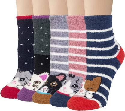 Fuzzy Socks for Women 5 Pairs Warm Fluffy Socks Winter Slipper Socks Soft Cute Cat Animal Socks