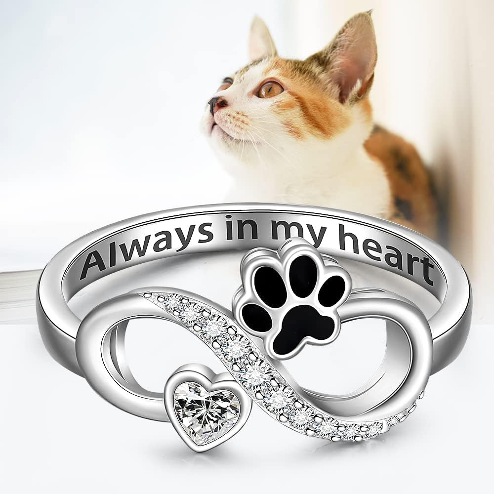 Memorial Cat Paw Print Ring Sterling Silver Dog Infinity Heart Puppy Pet Claw Rings for Women Always in My Heart Animal Family Jewelry Gifts Size 6-10