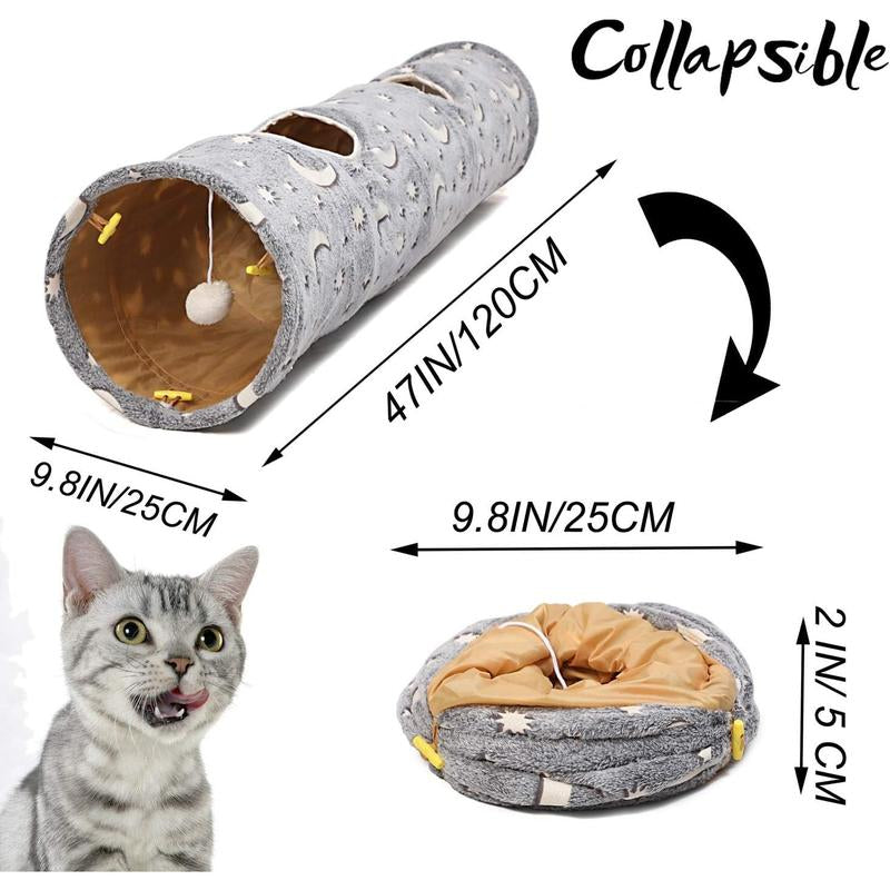 LUCKITTY Cat Tunnel Tube with Plush Ball Toys Collapsible Self-Luminous Photoluminescence, for Small Animals Pets Bunny Rabbits, Kittens, Ferrets,Puppy and Dogs Grey Moon Star