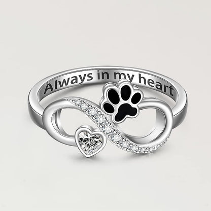 Memorial Cat Paw Print Ring Sterling Silver Dog Infinity Heart Puppy Pet Claw Rings for Women Always in My Heart Animal Family Jewelry Gifts Size 6-10