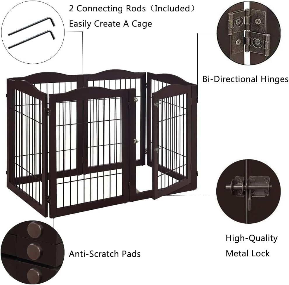 Extra Wide Pet Gate, 6 Panels Freestanding Dog Gate with Walk through Door and 5 Support Feet, Foldable Pet Barrier Fence for Stairs Doorways Fireplace, Indoor Exercise Playpen for Dogs Cats