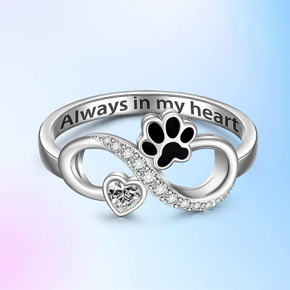 Memorial Cat Paw Print Ring Sterling Silver Dog Infinity Heart Puppy Pet Claw Rings for Women Always in My Heart Animal Family Jewelry Gifts Size 6-10