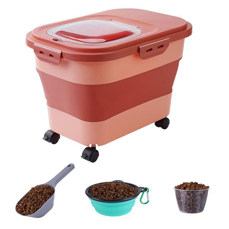 Pet Food Storage Box with Lid & Wheels, Foldable Pet Food Storage Container with Scoop, Measuring Cup & Travel Bowl, Large Capacity Food Storage Box for Home Kitchen