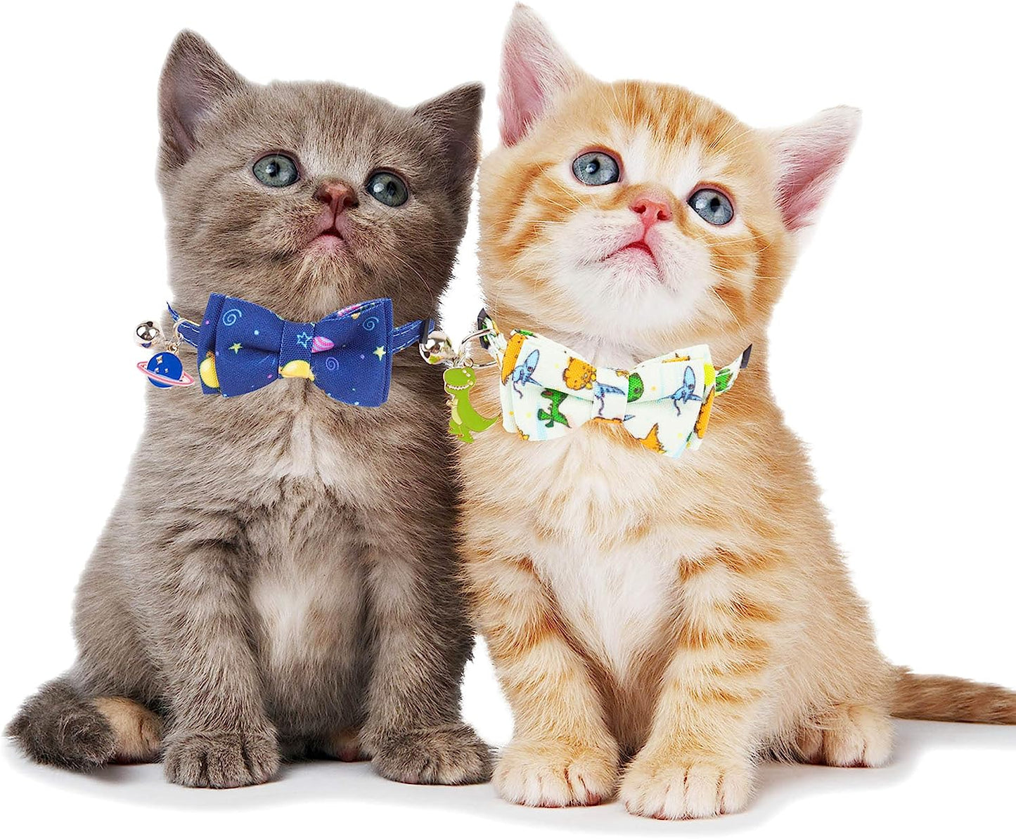 Cat Collar Breakaway with Cute Bow Tie Bell - 2 Pack Kitten Collar with Removable Bowtie Universe Dinosaur Pattern Cat Bowtie Collar for Cat Kitten (Dinosaur & Universe)